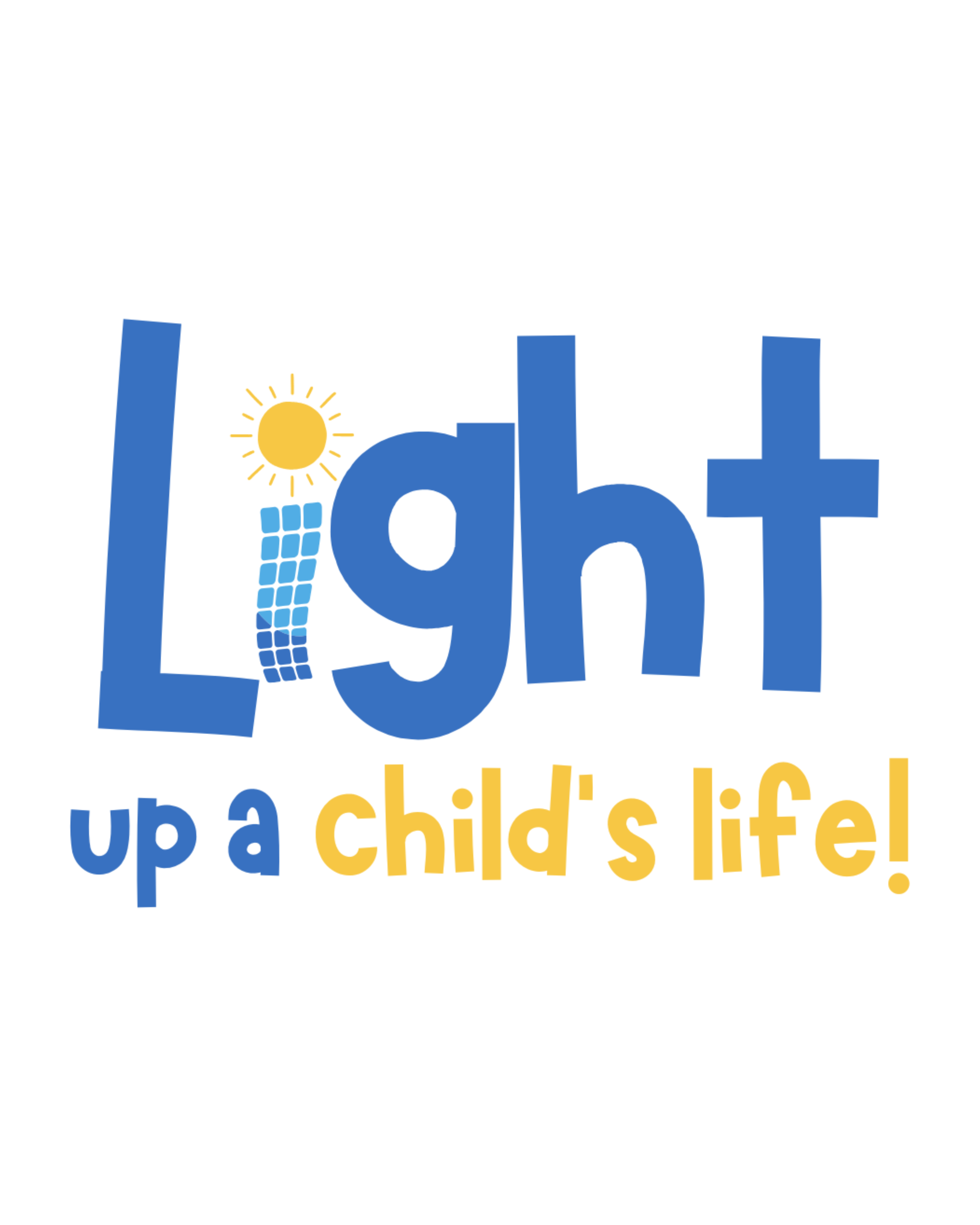"Light up a child's life!" logo with a sun and solar panel design in blue and yellow colours.