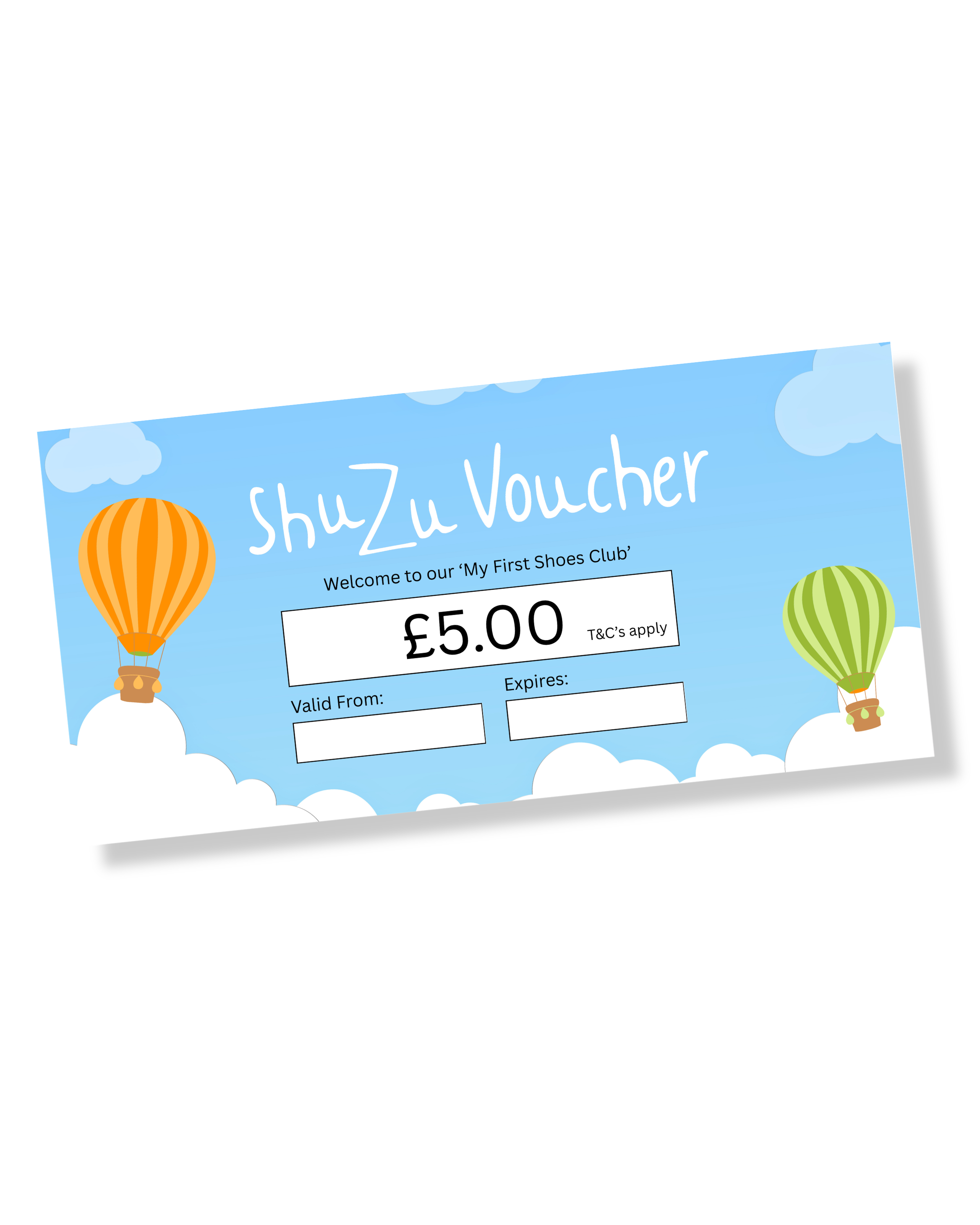 ShuZu £5 My First Shoes Club welcome voucher with hot air balloons on a blue sky background