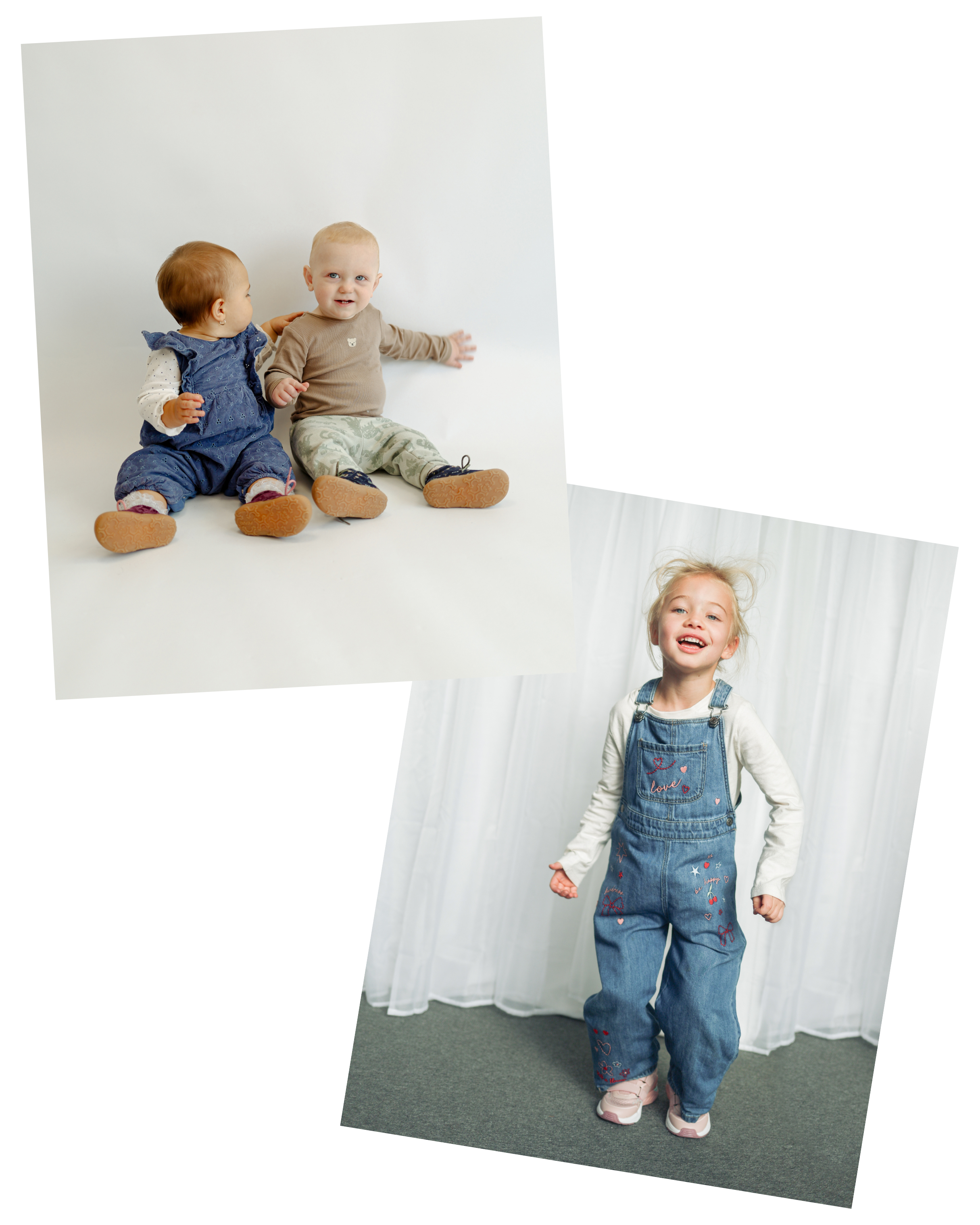 Two babies sitting together and a toddler girl in denim overalls, all wearing ShuZu soft-soled shoes.