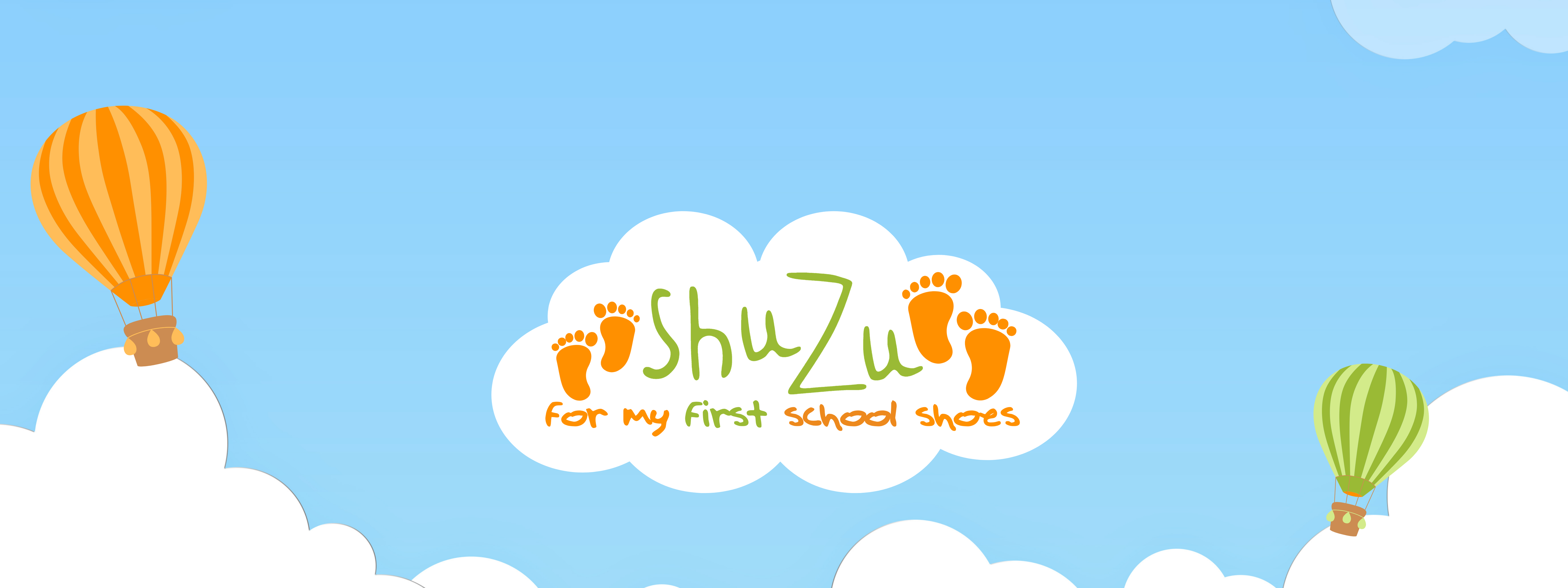 ShuZu logo on a cloud with two orange footprints, hot air balloons and blue sky background