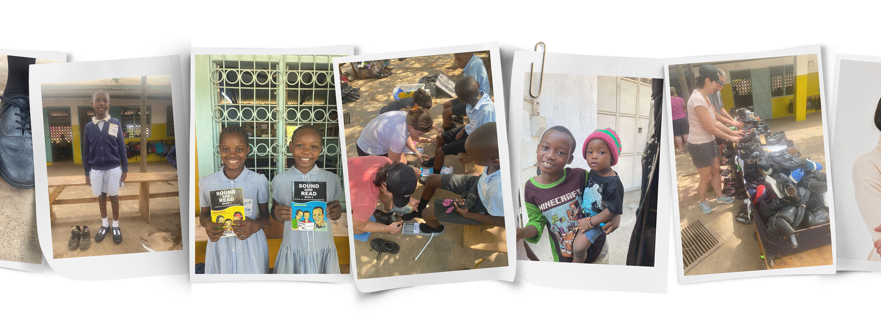 Children in Africa receiving school shoes and books from volunteers as part of a charitable giving initiative.