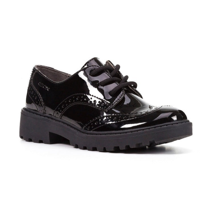Geox J Casey Lace J6420N 000HH Black Patent School Shoes