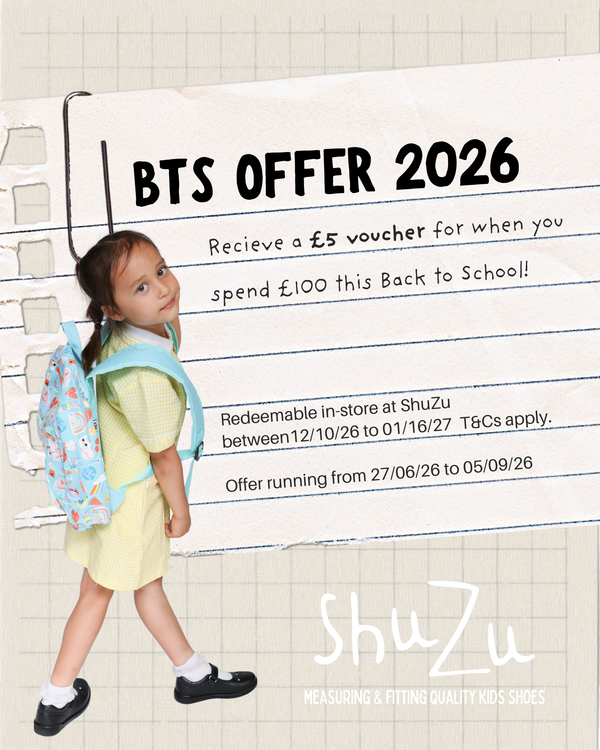 Girl in school uniform with backpack. ShuZu Back to School 2026 offer: £5 voucher when you spend £100.