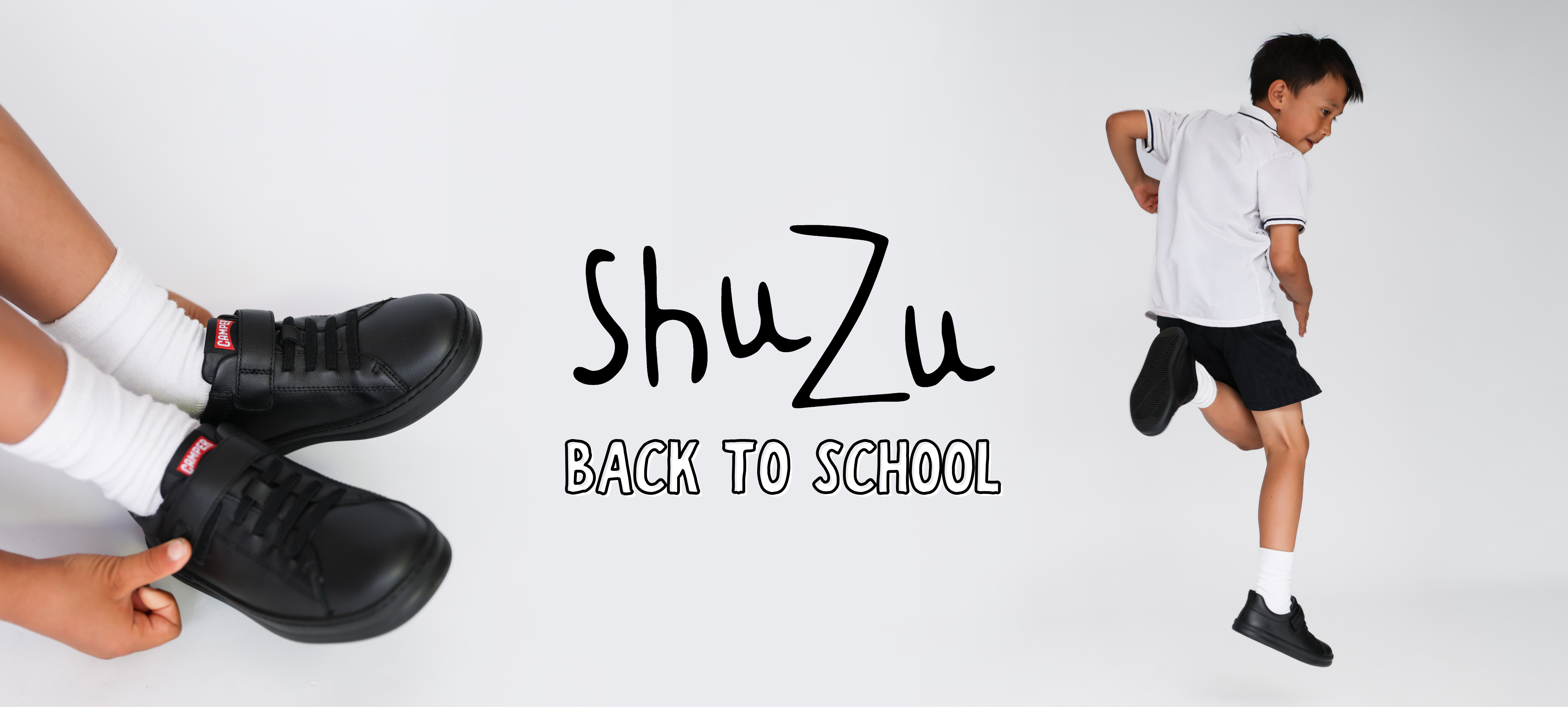 ShuZu Back to School banner featuring a boy jumping in Camper black school shoes with white socks.