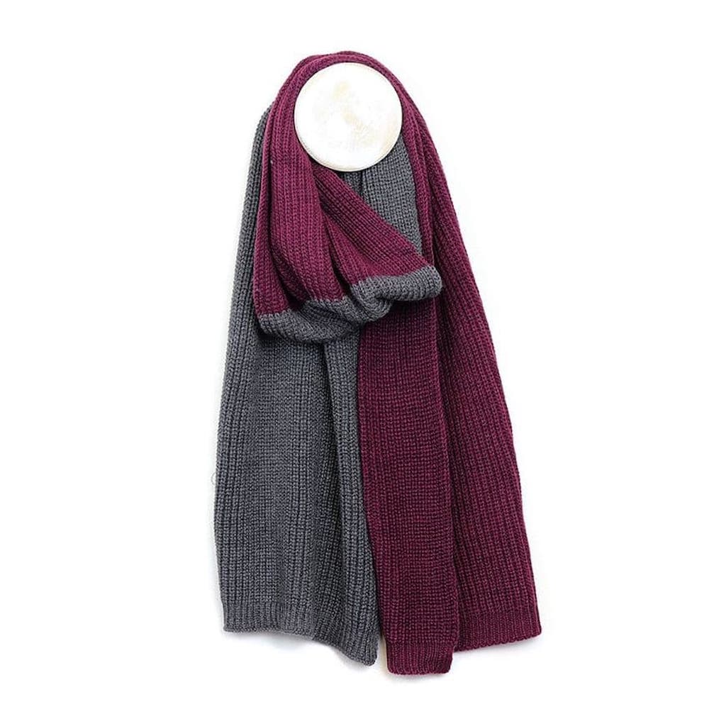 Pom Two Tone Ribbed Mens Knitted Scarf Grey / Burgundy