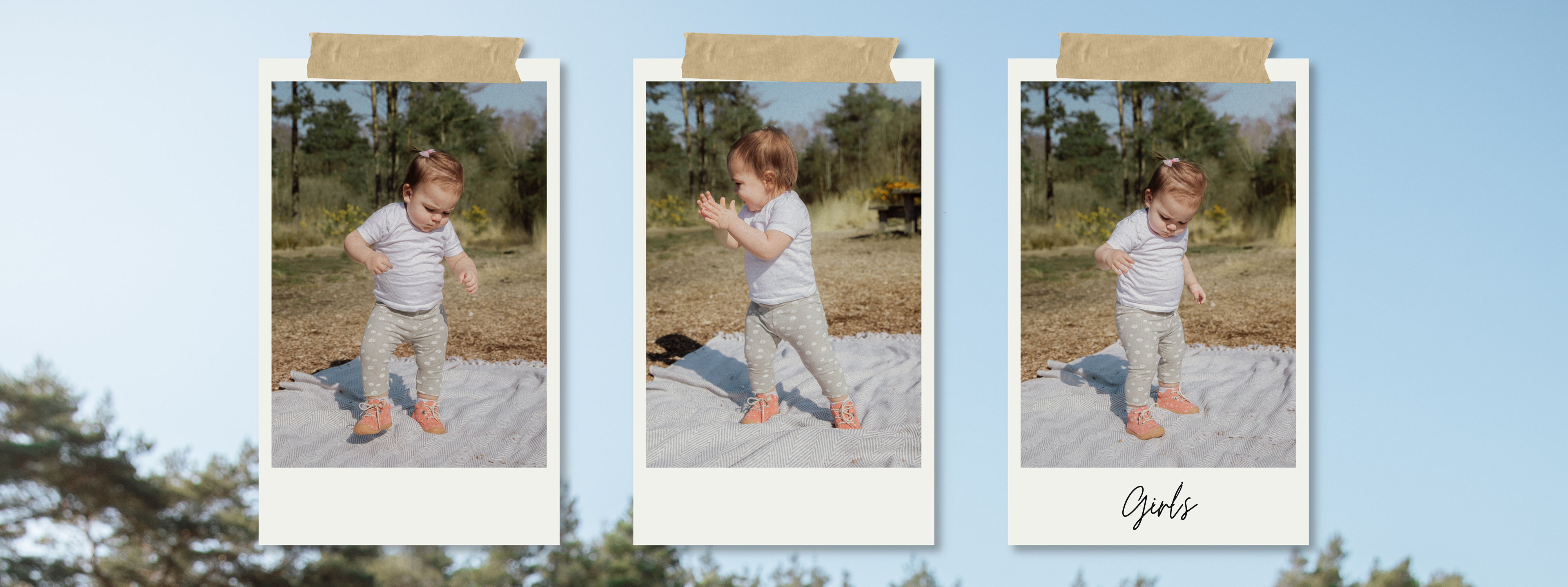 Toddler girl standing on a blanket outdoors wearing orange shoes and patterned leggings, learning to walk.
